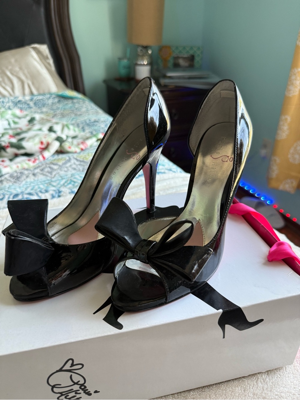 Paris Hilton Black Patent Peep-Toe Bow High Heels with Pink Soles